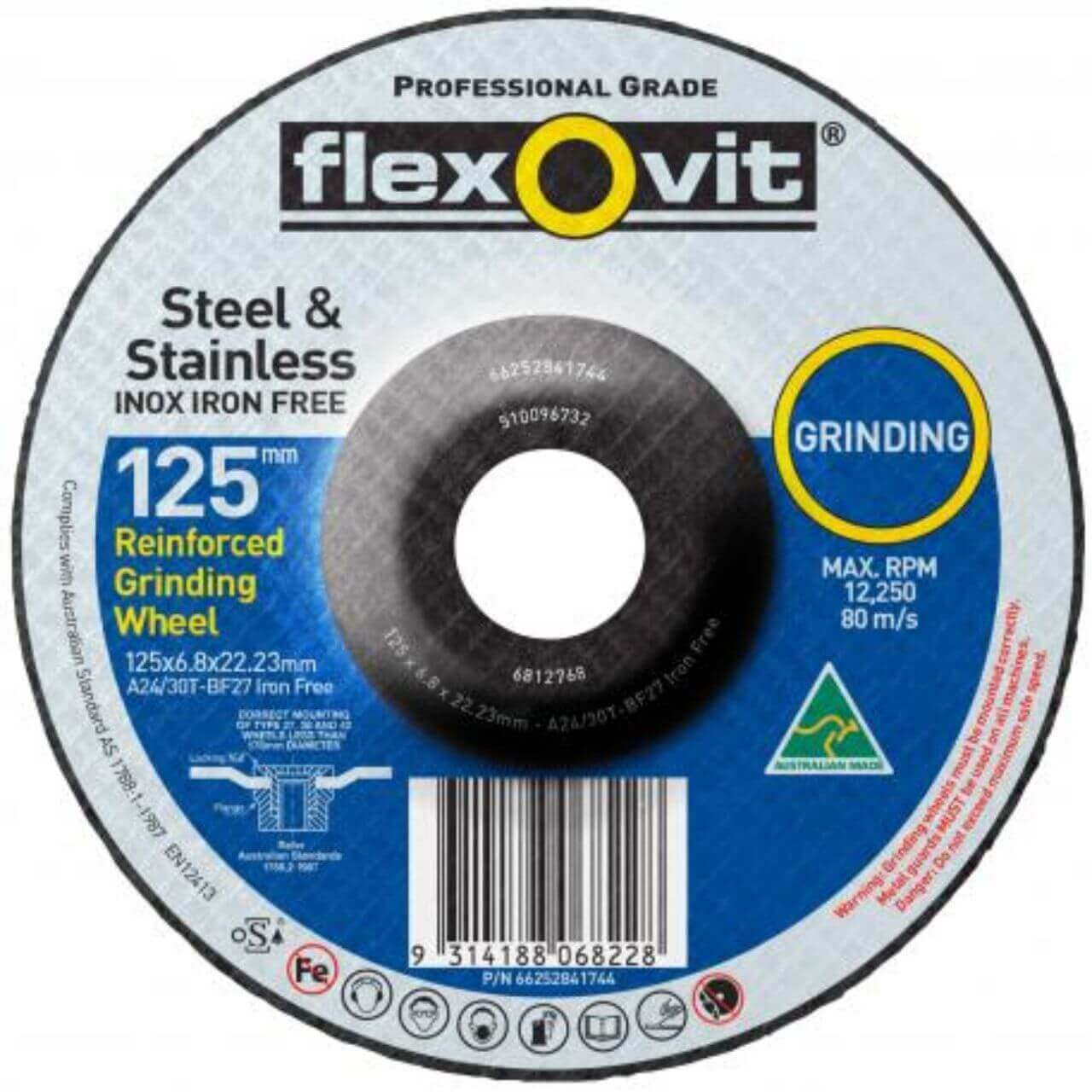 Flexovit A24/30T 125x6.8x22 Inox Iron Free Grinding Disc 50/box