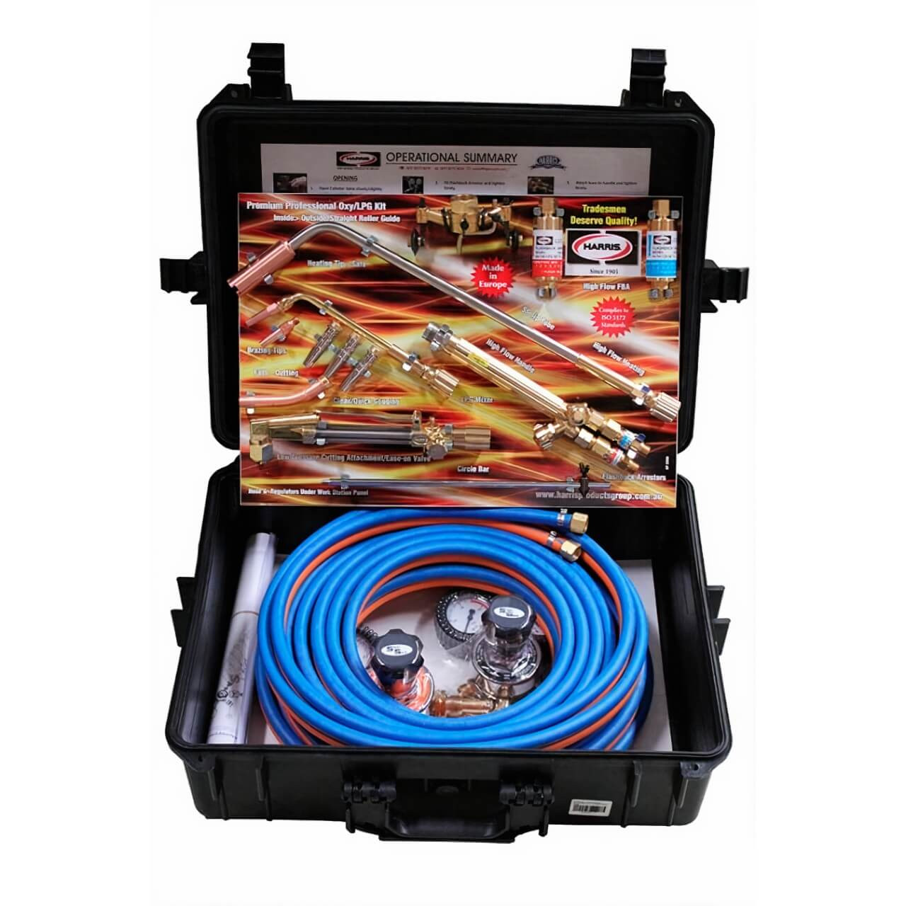 Harris Oxy/LPG Premium Kit. Model 825 snap safe regs. 15m hose. cutting guide. storm case B/H/C/G