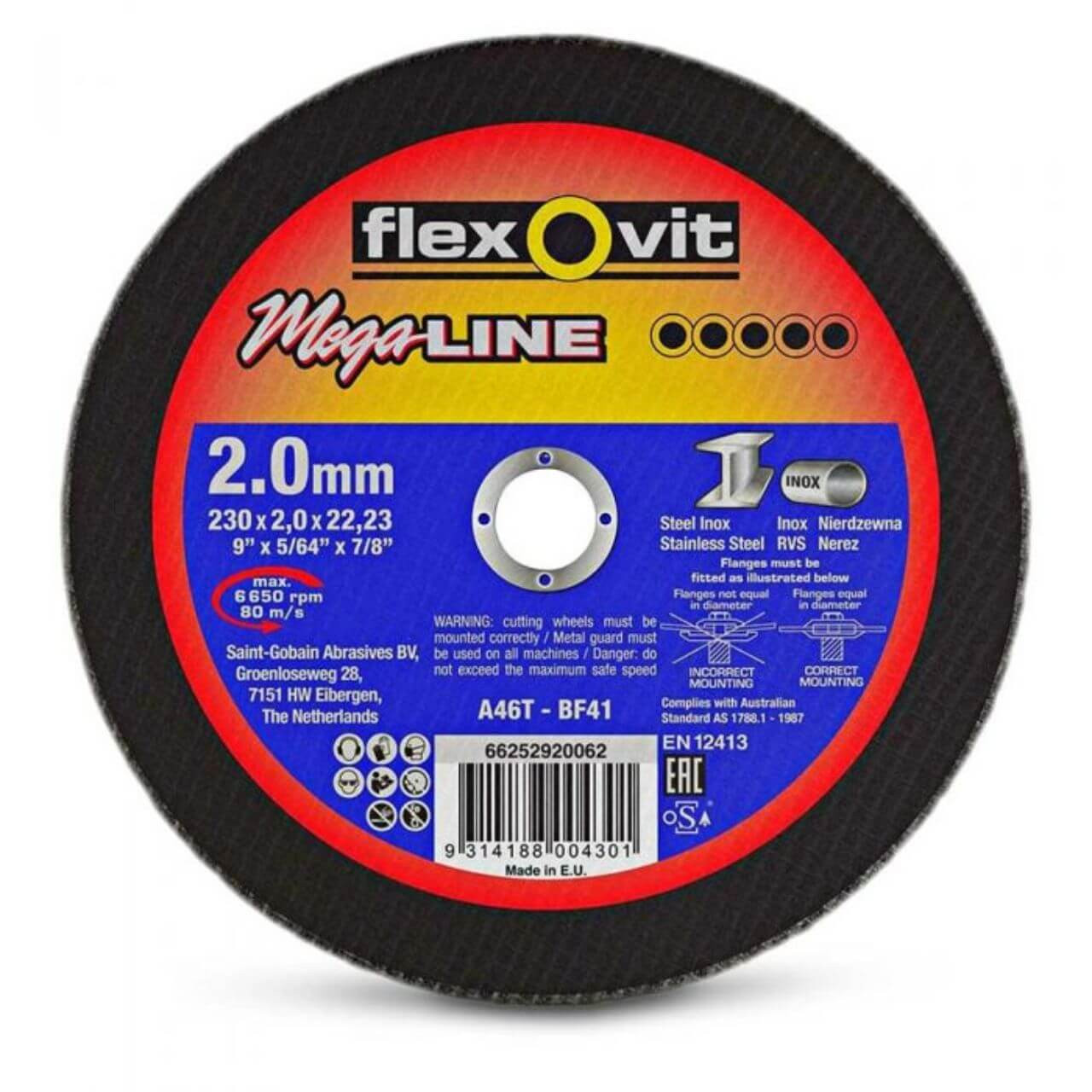 Flexovit A46TBF41 Mega Inox 230x2x22 Cutting Disc