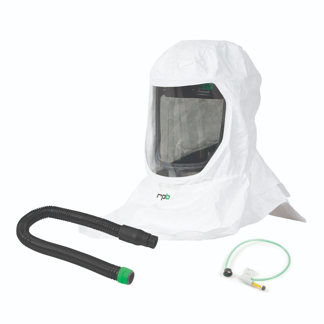 RPB T-Link Respirator. includes: 17-712 Tychem 2000 Hood. 17-110 Bump Cap Assembly. 04-833 Breathing Tube. 16-930 Low Flow Indicator