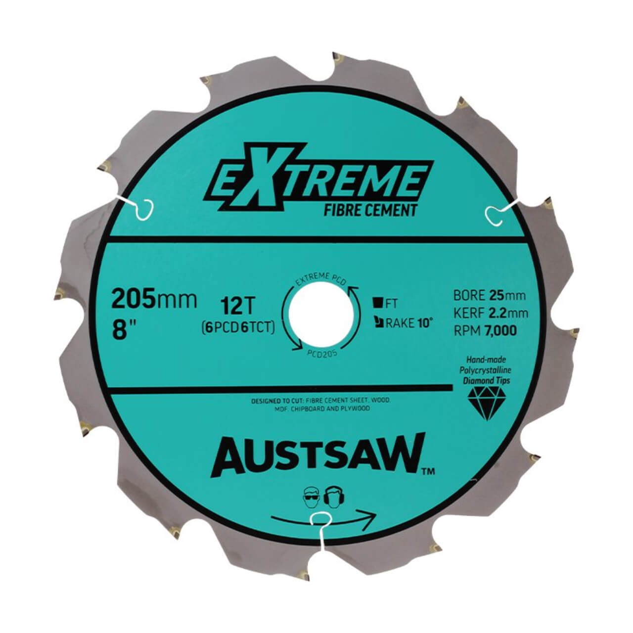 Austsaw - 205mm ( 8in) Polycrystalline Diamond Blade - 25mm Bore - 6PCD 6TCT Teeth