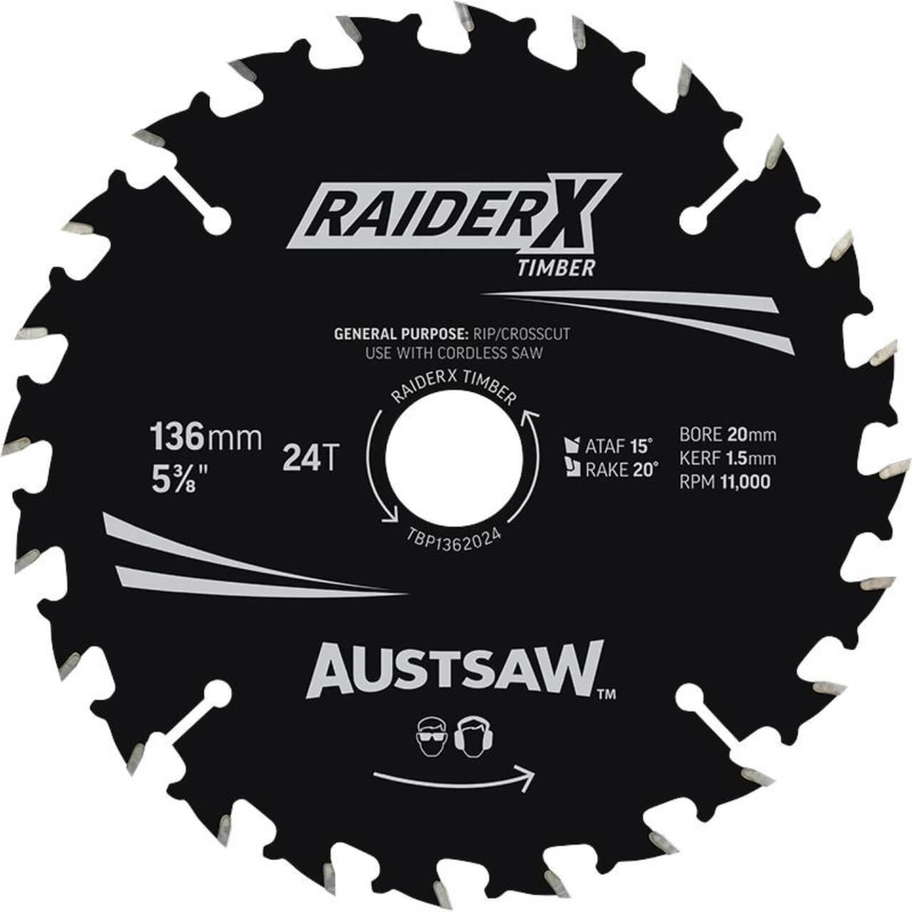 Austsaw RaiderX Timber Blade 136mm x 20/16 Bore x 24 T Thin Kerf