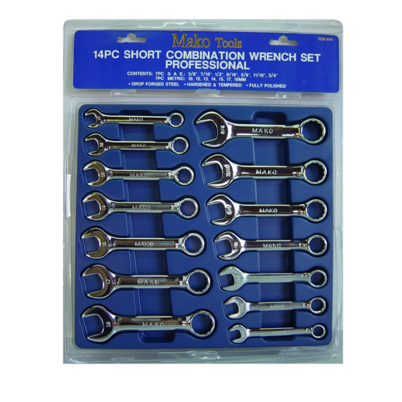 Mako 10-19mm 3/8-3/4 Stubby Combination Spanner Set Metric & Imperial 14pce