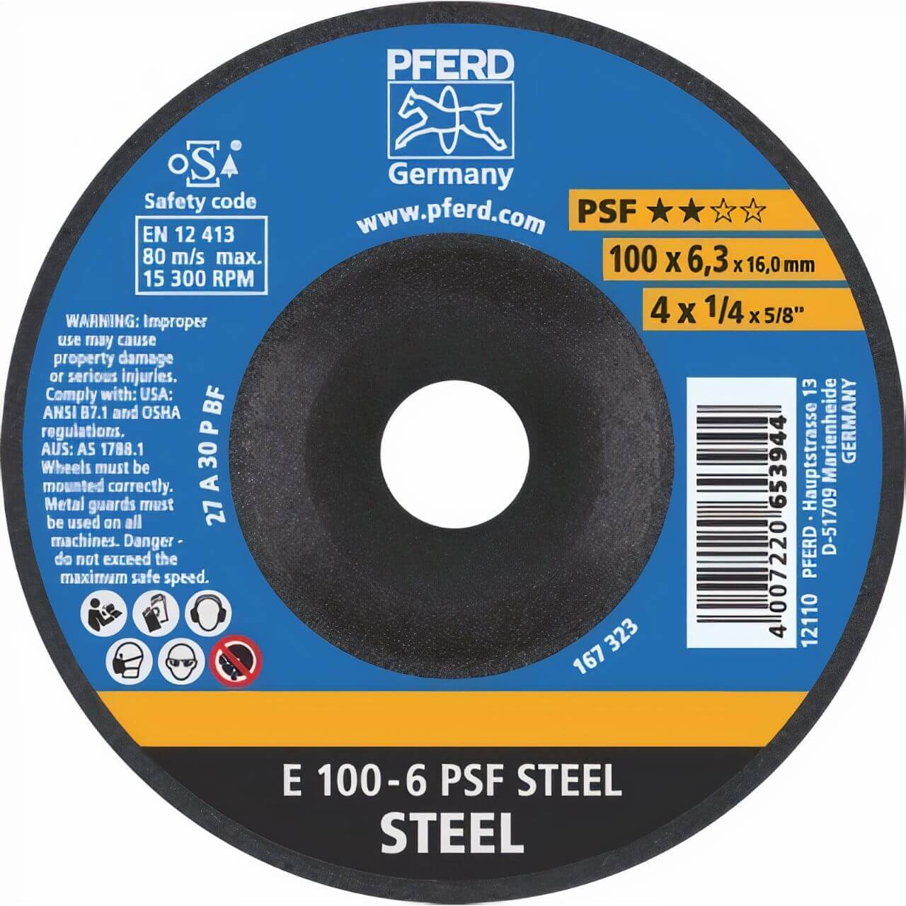 Pferd A30P PSF Steel 100x6x16 Grinding Disc