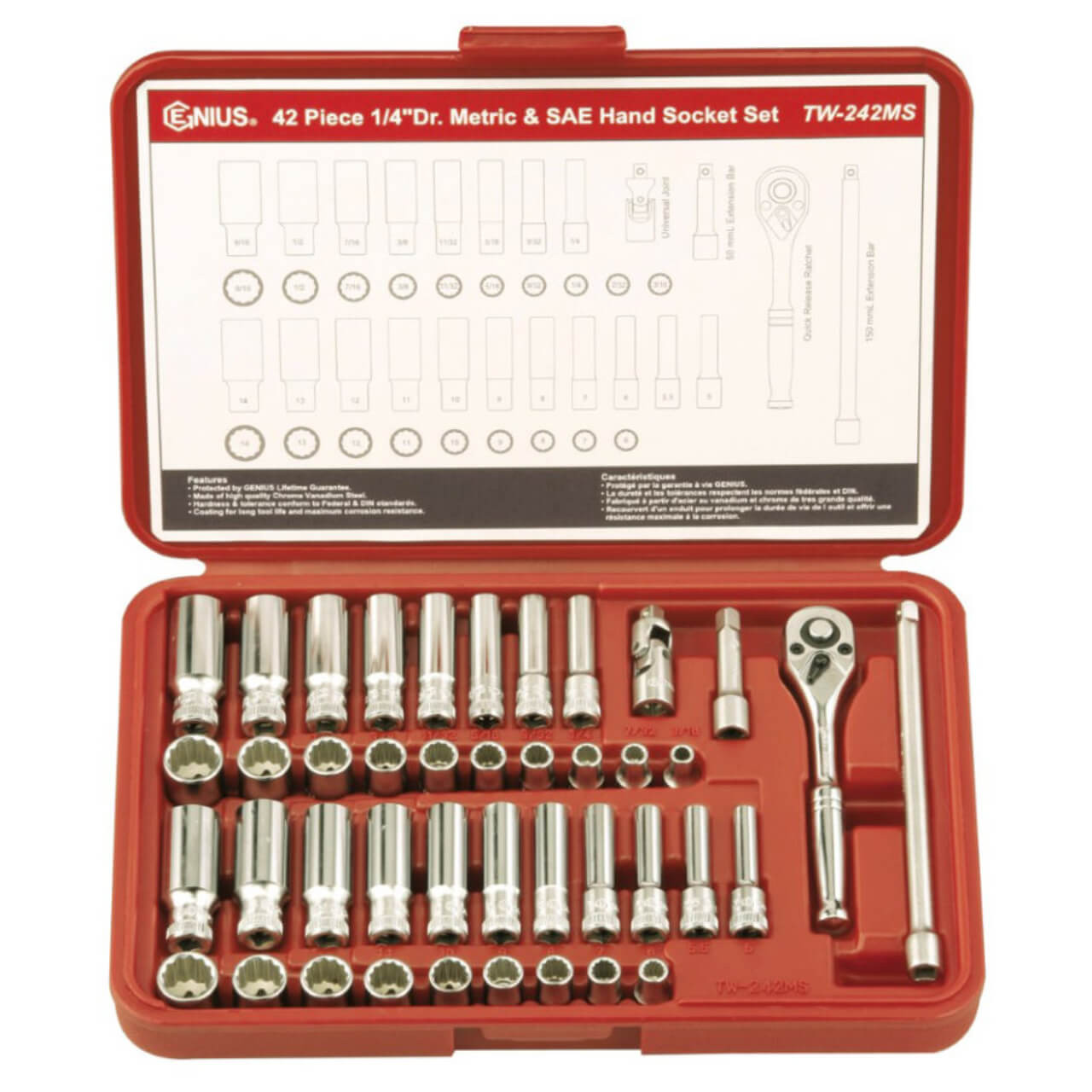 Genius 6-14mm & 3/16-9/16 1/4 Dr 12pt C/V Std & Deep Hand Socket Set Metric & Imperial 42pce