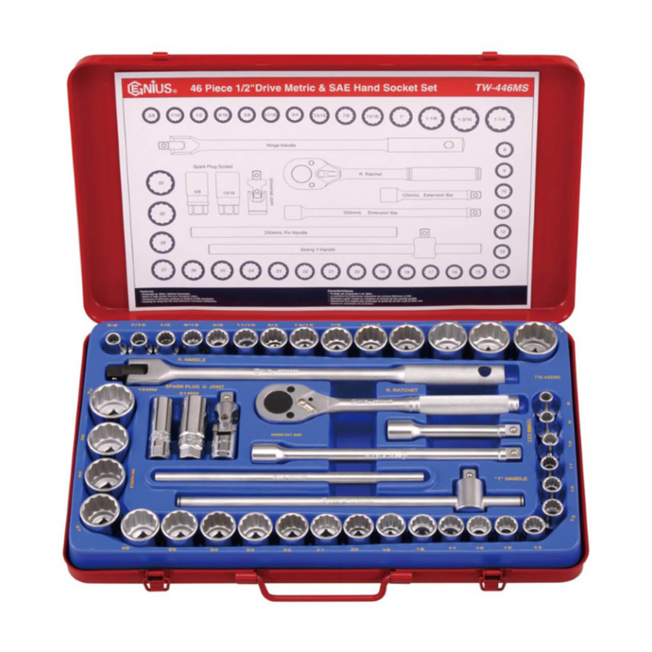 Genius 8-32mm & 3/8-1-1/4 1/2 Dr 12pt C/V Std Hand Socket Set Metric & Imperial 46pce