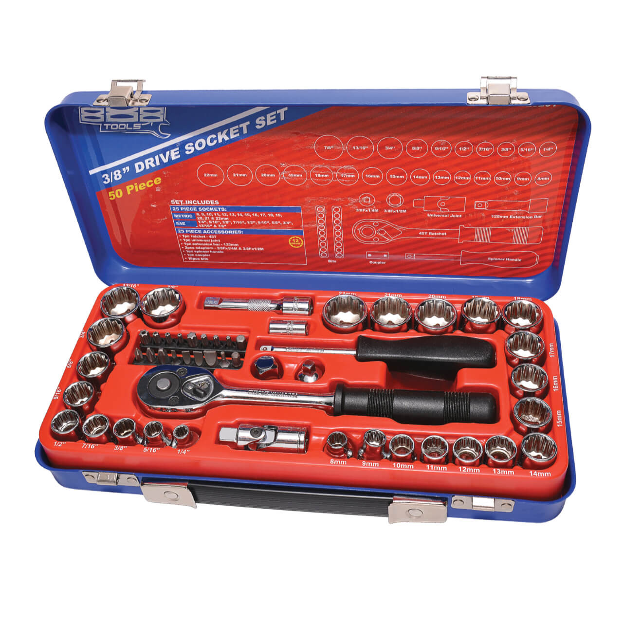 888 Tools 3/8 Dr 12pt Socket Set Metric & Imperial 50pce