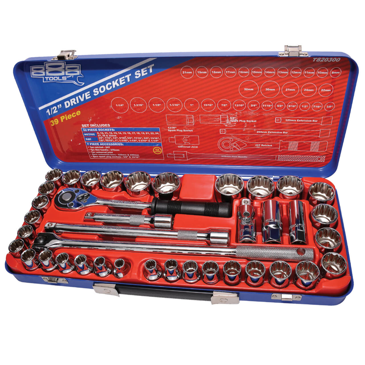 888 Tools 1/2 Dr 12pt Socket Set Metric & Imperial 39pce