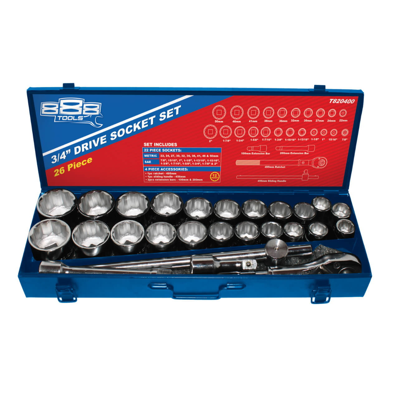 888 Tools 3/4 Dr 12pt Socket Set Metric & Imperial 26pce