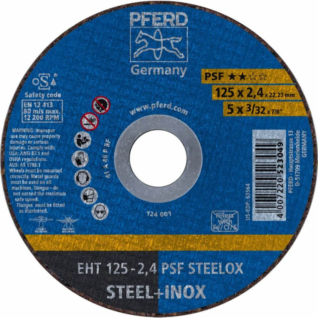 Pferd EHT A46P PSF Steelox 125x2.4x22 Cutting Disc 25/box