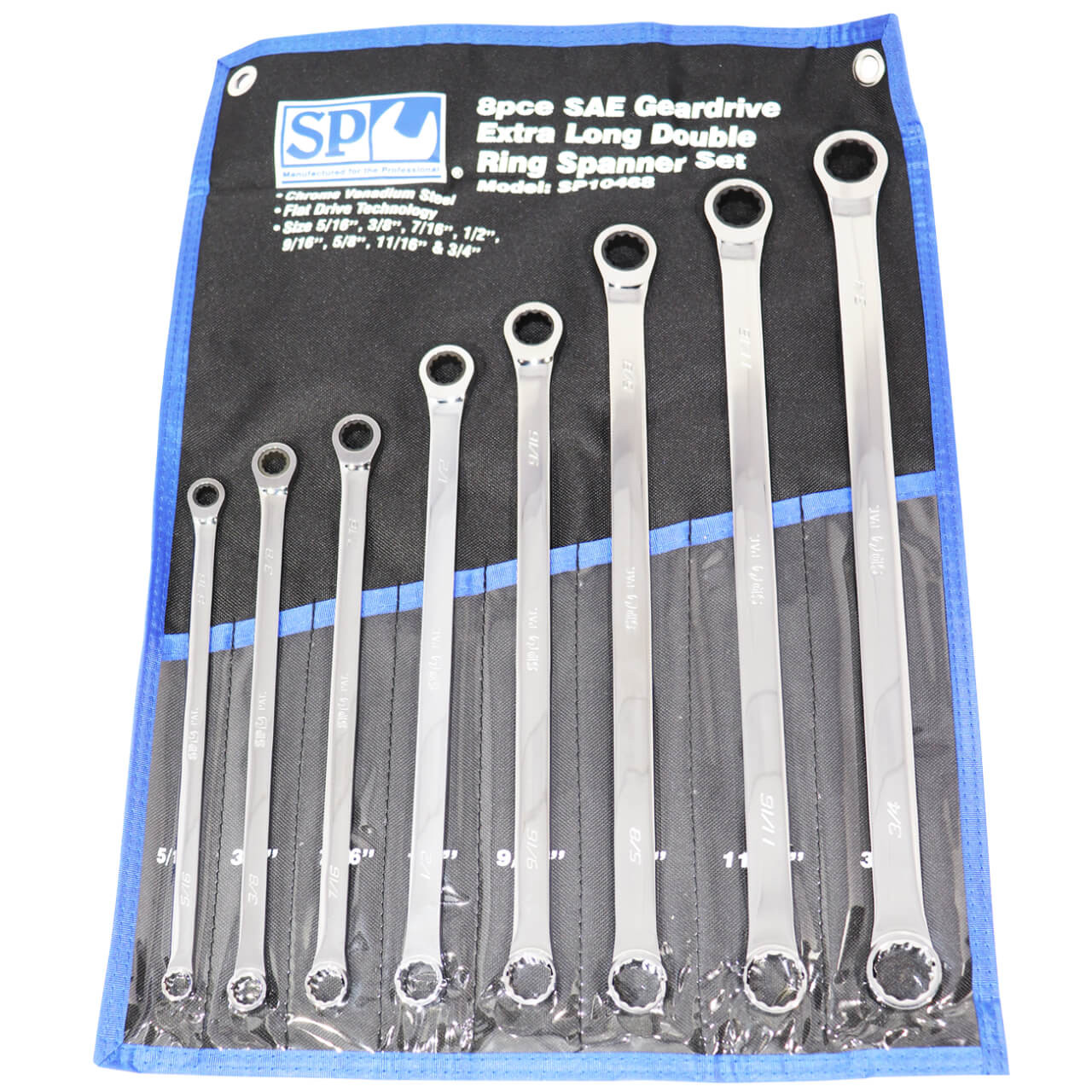 SP Tools 5/16-3/4 Geardrive Double Ring Extra Long Spanner Set Imperial 8pce