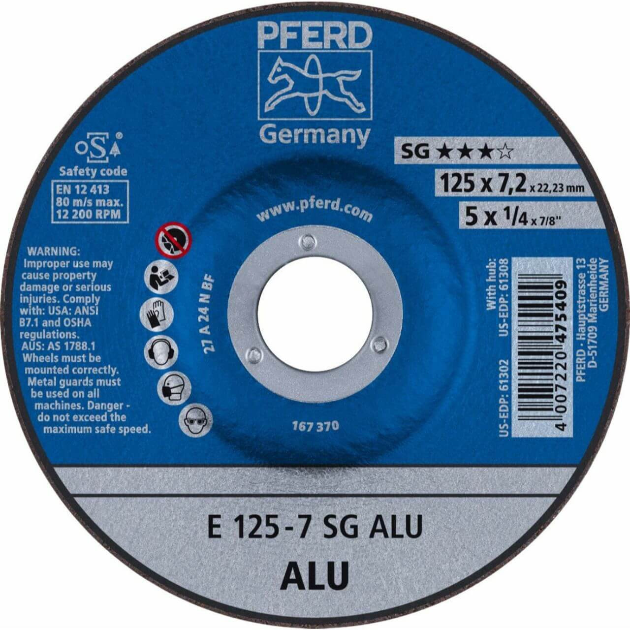 Pferd A24N SG-ALU 125x7x22 Aluninium Grinding Disc