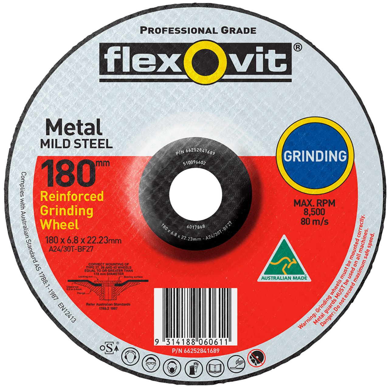 Flexovit A24/30T 180x6.8x22 GP Metal Grinding Disc 25/box
