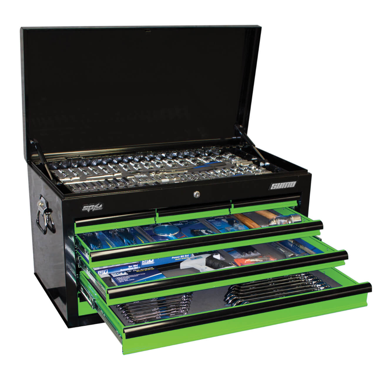 SP Tools 7 Drawer Sumo Series Roller Cabinet & Tool Kit Metric & SAE 409pce Black/Green