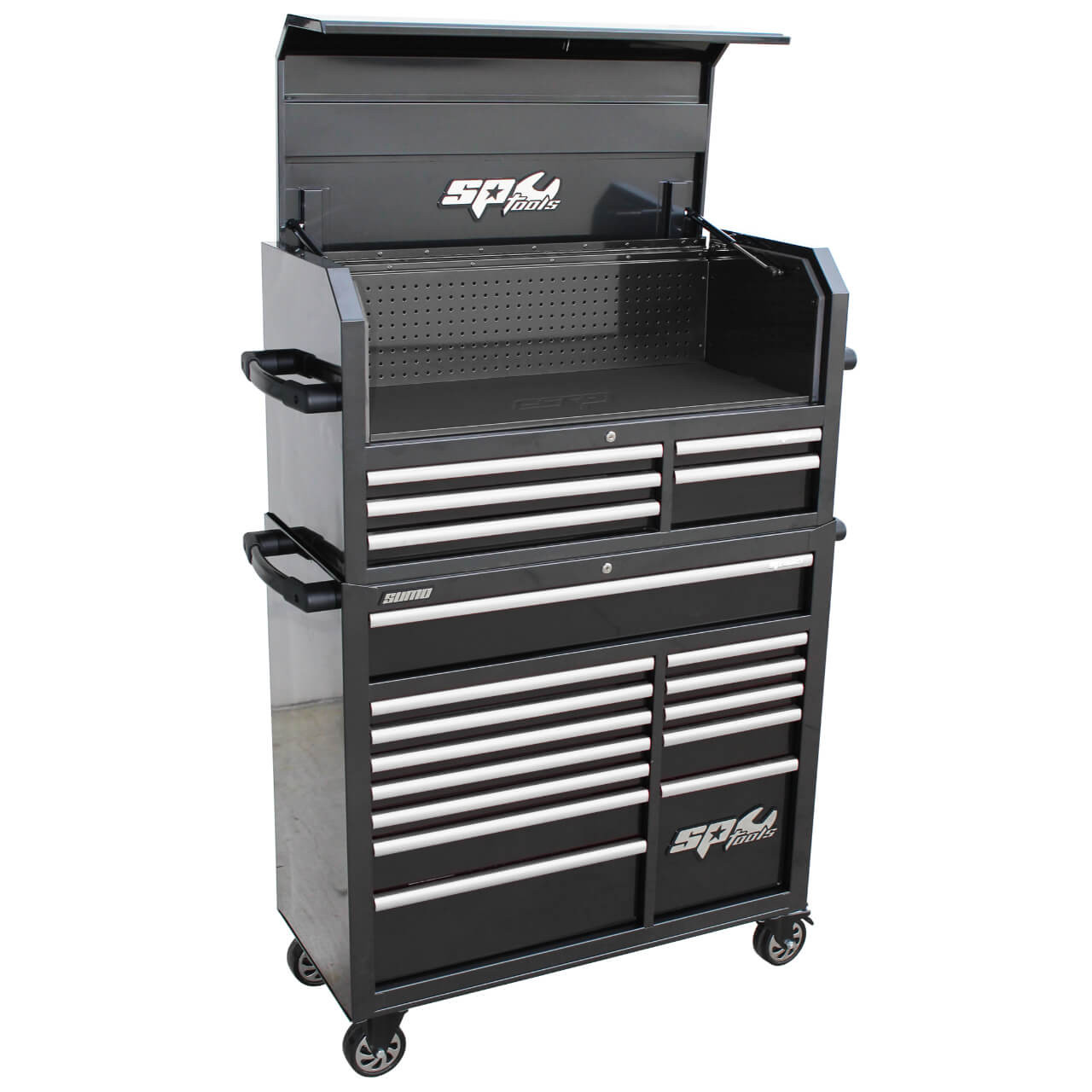 SP Tools 18 Drawer Sumo Series Power Hutch Roller Cabinet Combination Black Chrome