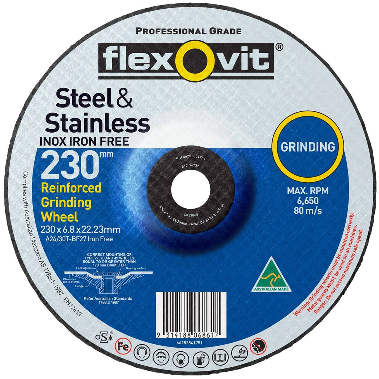 Flexovit A24/30T 230x6.8x22 Inox Iron Free Grinding Disc 5/box