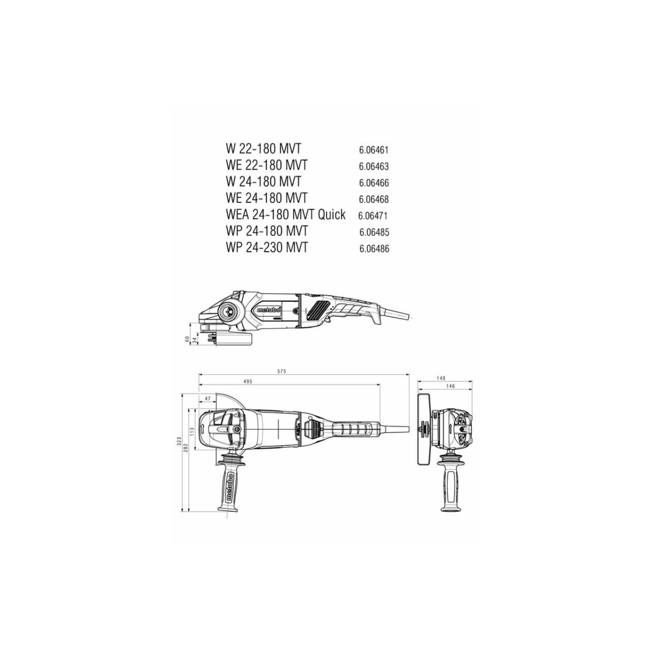 Metabo WE 24-180 MVT Angle Grinder 180mm 2400W Rat Tail Rotating Back Handle
