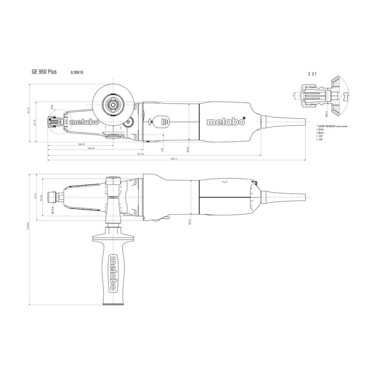 Metabo GE 950 G PLUS Die Grinder 950W 1/4” Collett Variable 2,500-8,700 rpm (Long Spindle)