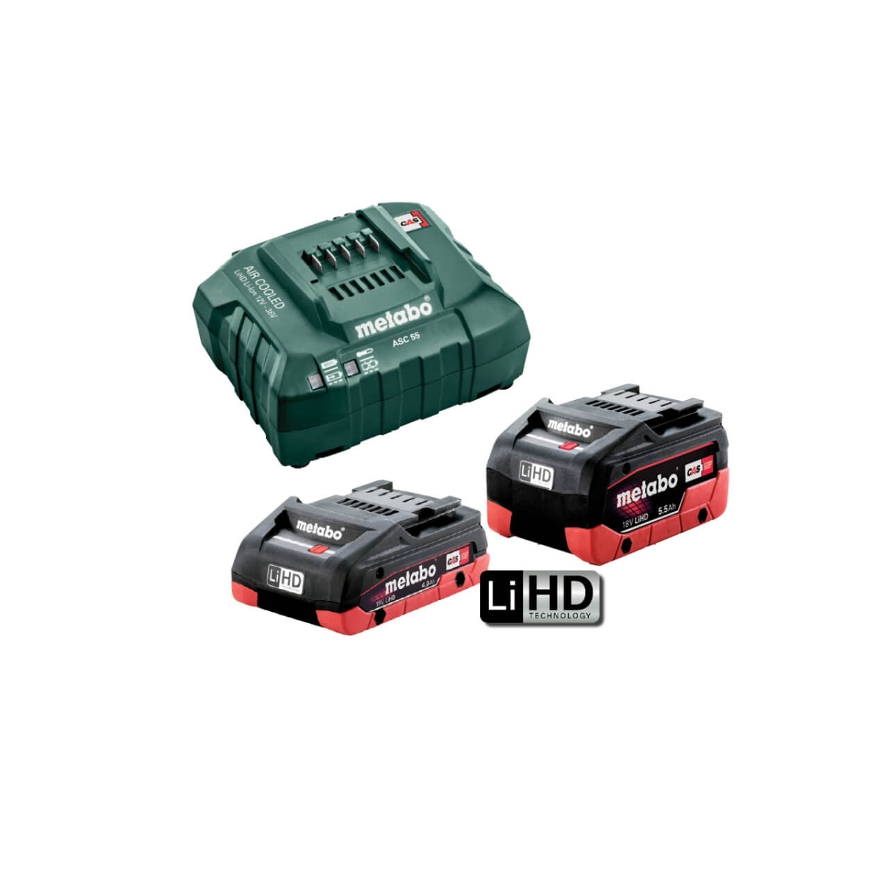 Metabo 455 LiHD KIT 18V LiHD Starter Pack 4.0 Ah + 5.5 Ah(1 x 18V 4.0 Ah LiHD Battery Pack 1 x 18V 5.5 Ah LiHD Battery Pack 1 x ASC 55 Air-cooled Charger)