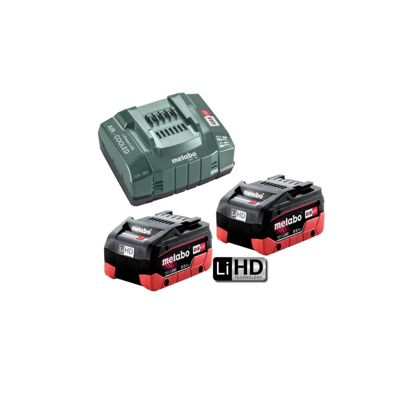 Metabo 8.0 LiHD 145 KIT 18V LiHD ASC 145 Starter Pack 2 x 8.0 Ah(2 x 18V 8.0 Ah LiHD Battery Packs 1 x ASC 145 Super-fast Air-cooled Charger)
