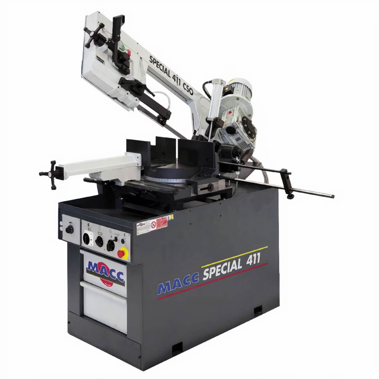 Macc Bandsaw, 300mm Cap, Swivel Head, Dual Mitre, Variable Speed 240V, Hyd Downfeed