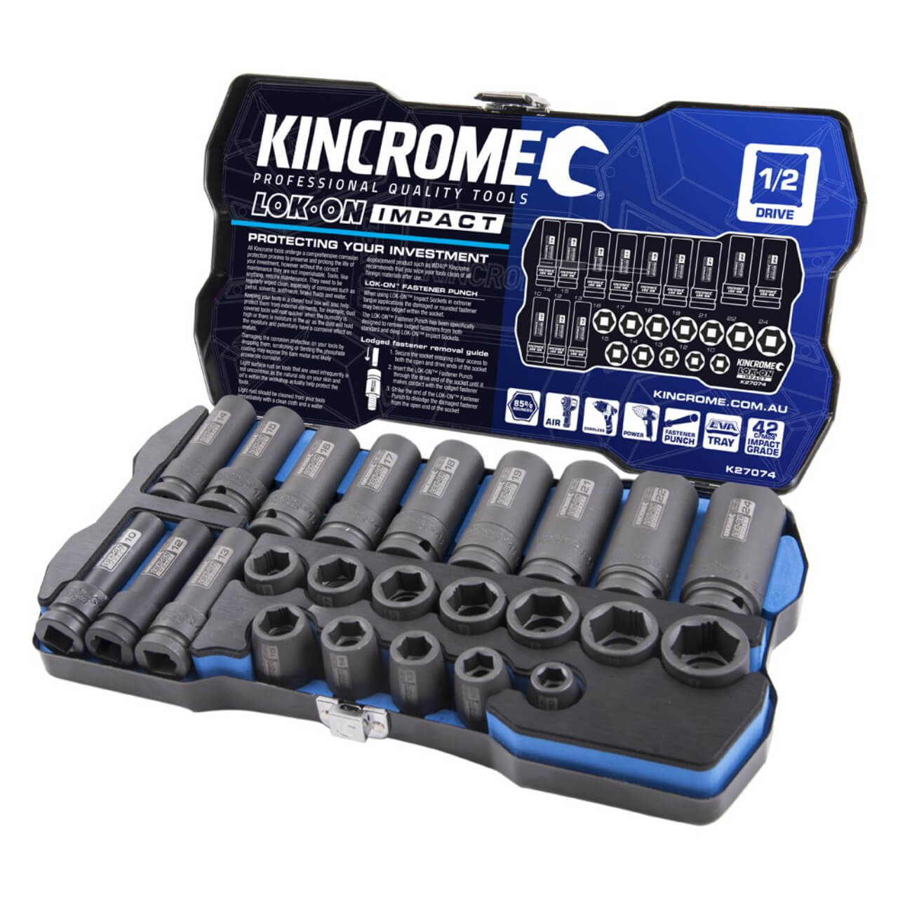 Kincrome 1/2 Dr Lok-On Std & Deep Impact Socket Set Metric 24pce