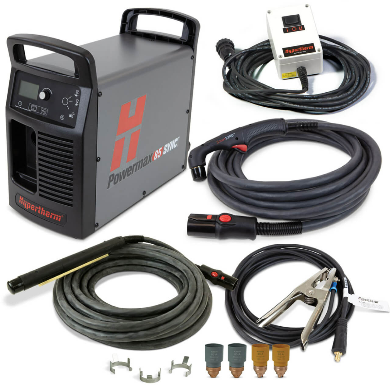 Hypertherm Powermax85 SYNC Mechanised Plasma Cutter 415V, CPC port, 75 deg 25' Hand Torch, 35' Machine Torch, 25' Remote