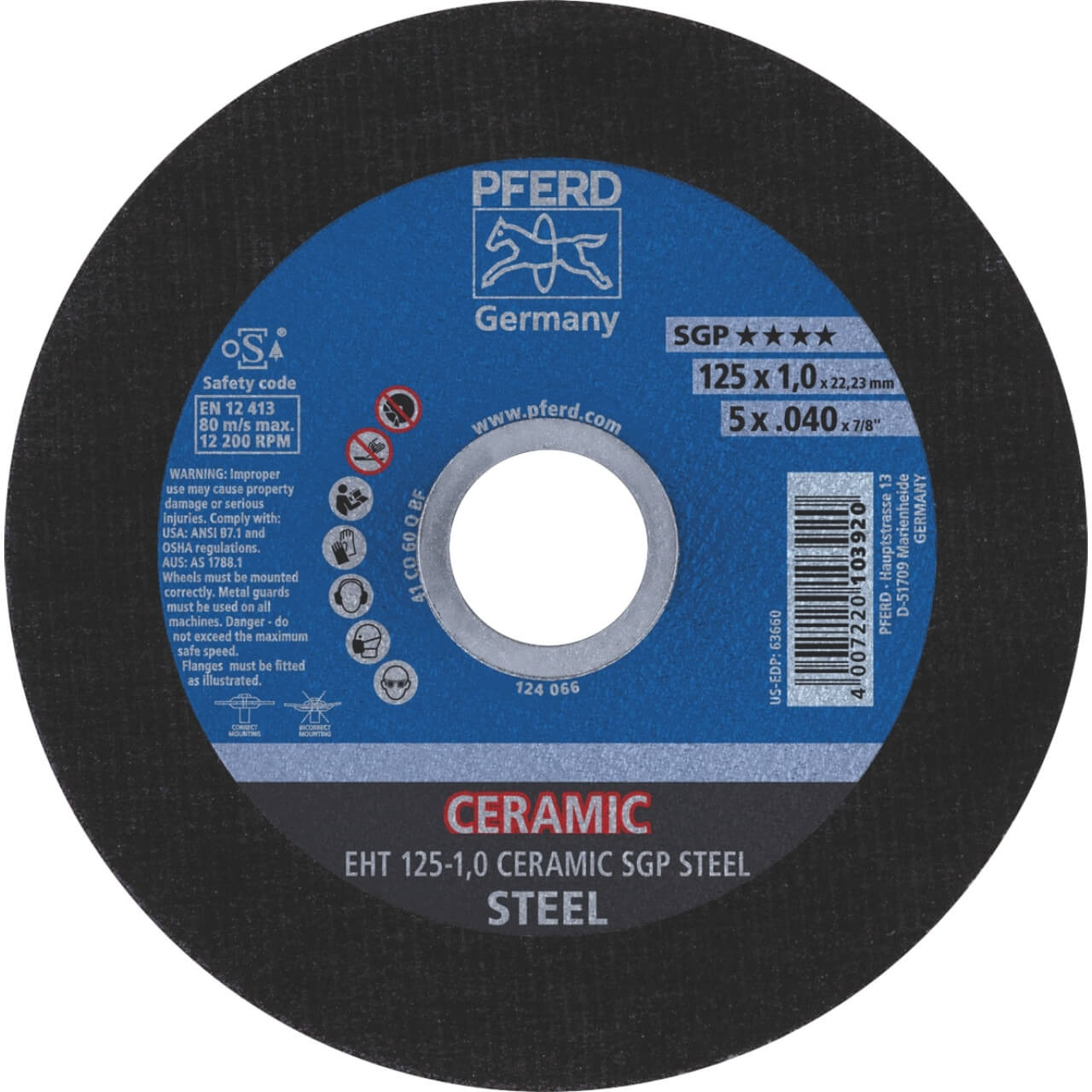 Pferd EHT Ceramic SGP 125x1x22 U/Thin Cutting Disc Steel 25/box