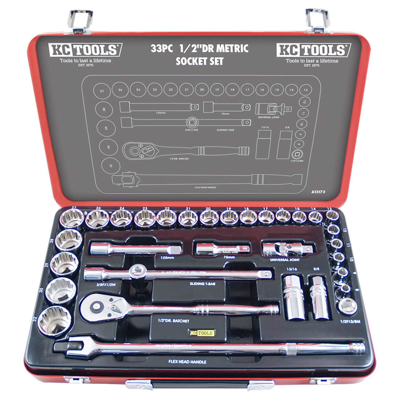 KC Tools 8-32mm 1/2 Dr Std Hand Socket Set Metric 33pce