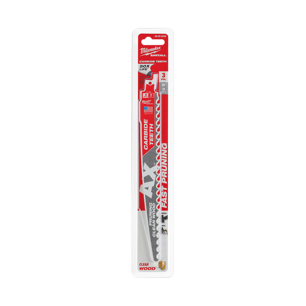 Milwaukee Sawzall 225mm The Ax With Carbide Teeth or Pruning & Clean Wood Reciprocating Saw Blade 3pk