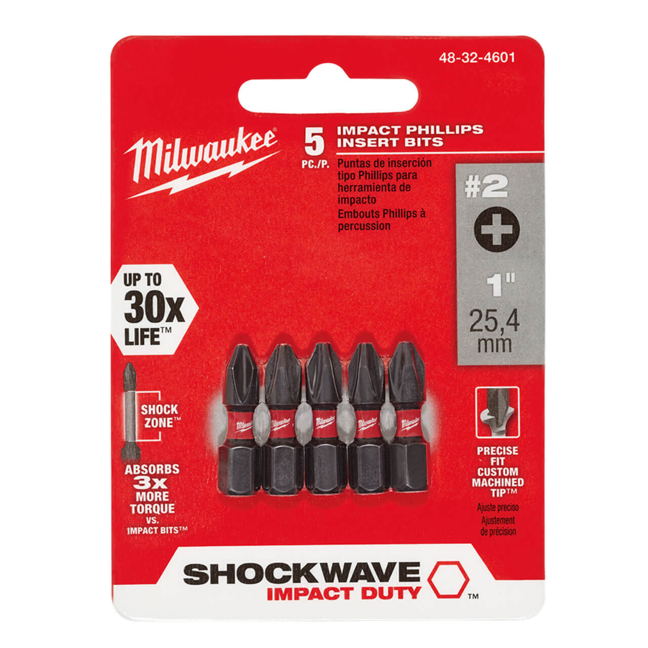 Milwaukee SHOCKWAVE 25mm (1”) Phillips #2 Insert Bit 5pk