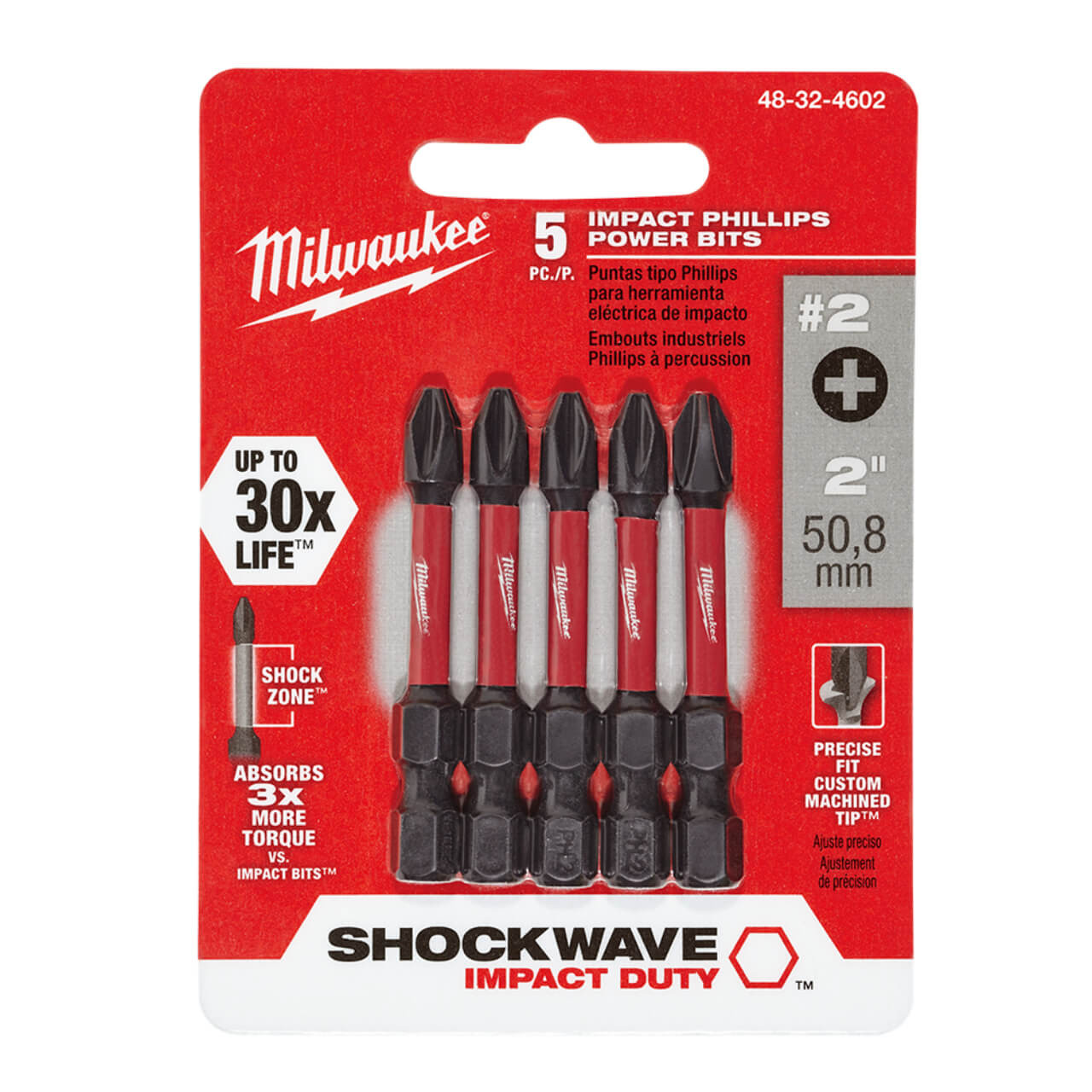 Milwaukee SHOCKWAVE 50mm (2”) Phillips #2 Impact Driver Bit 5pk