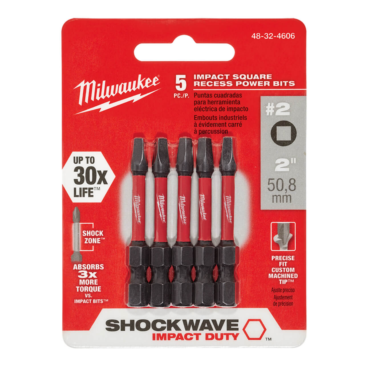 Milwaukee SHOCKWAVE 50mm (2”) Square Recess #2 Impact Driver Bit 5pk