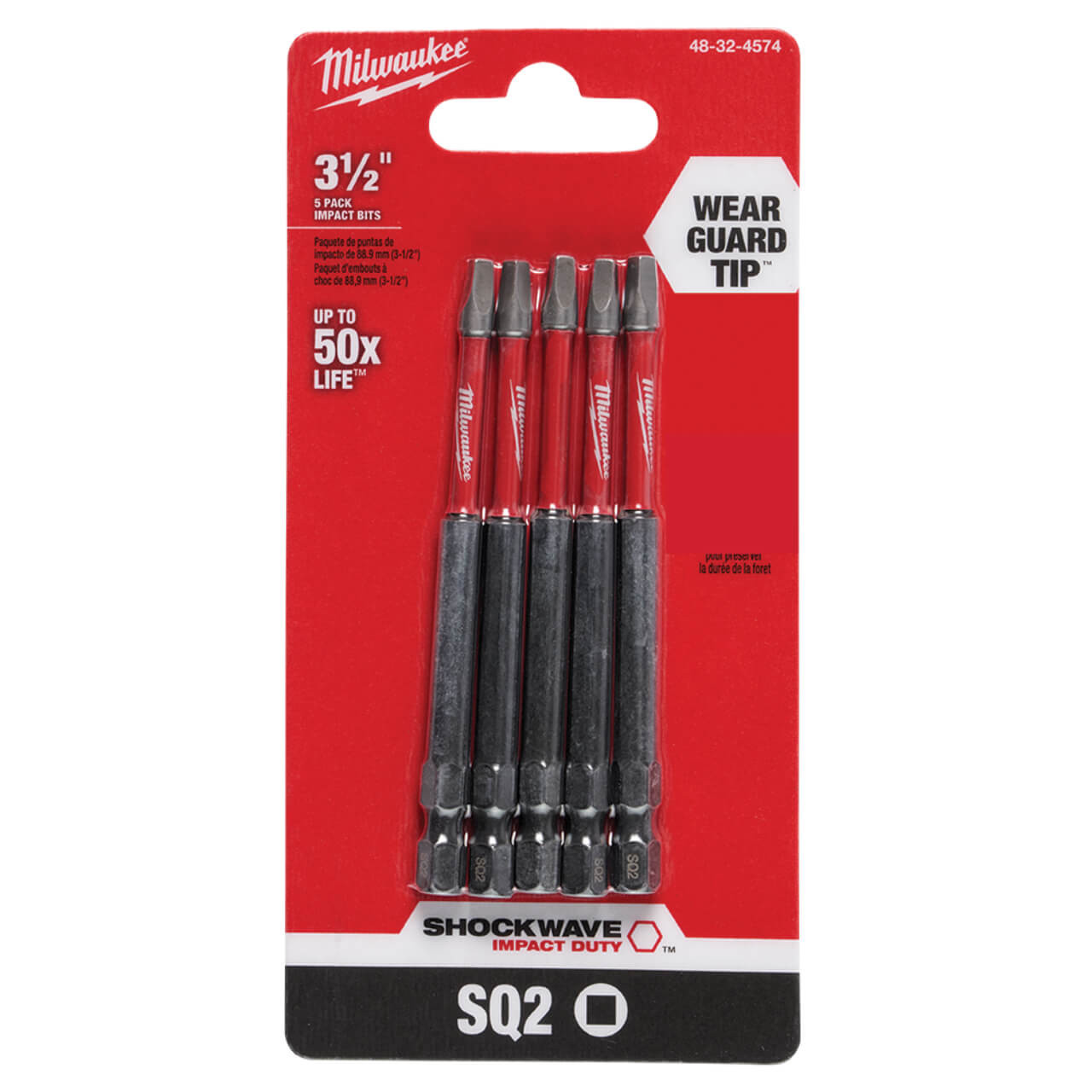 Milwaukee Shockwave 89mm (3-1/2”) Square Recess #2 Impact Driver Bit 5pk