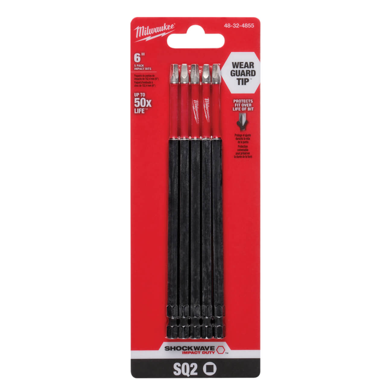 Milwaukee SHOCKWAVE 150mm (6”) Square Recess #2 Power Bit 5pk