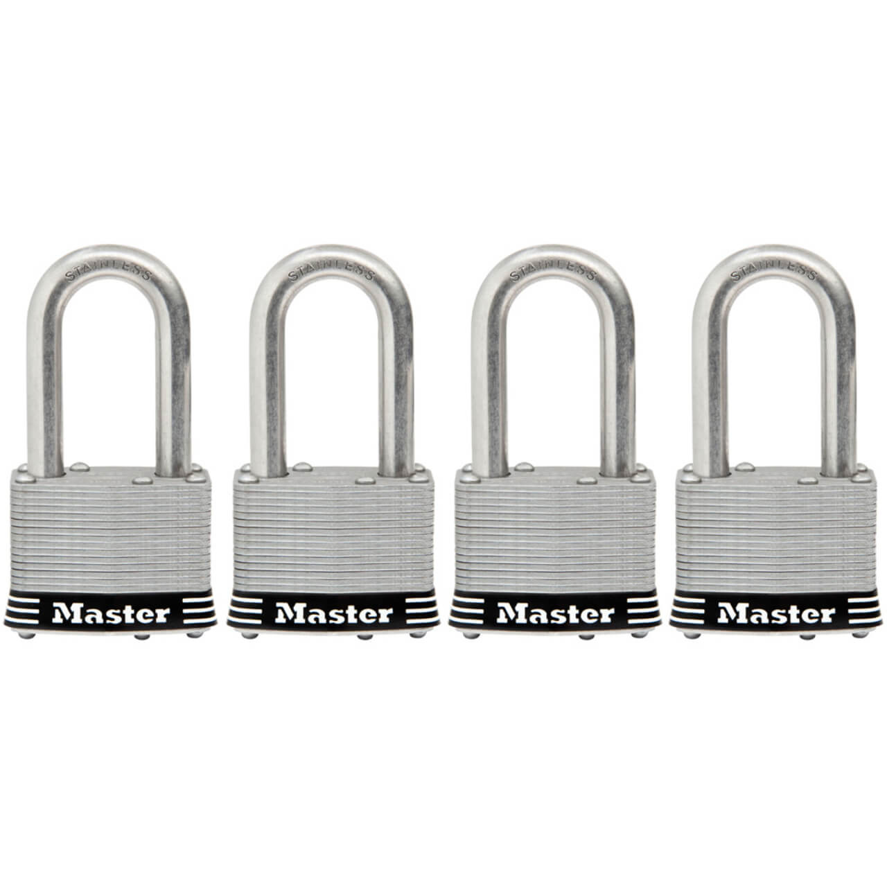 Master Lock S/Steel Laminated 44mm With 38mm Long Shackle 4pk