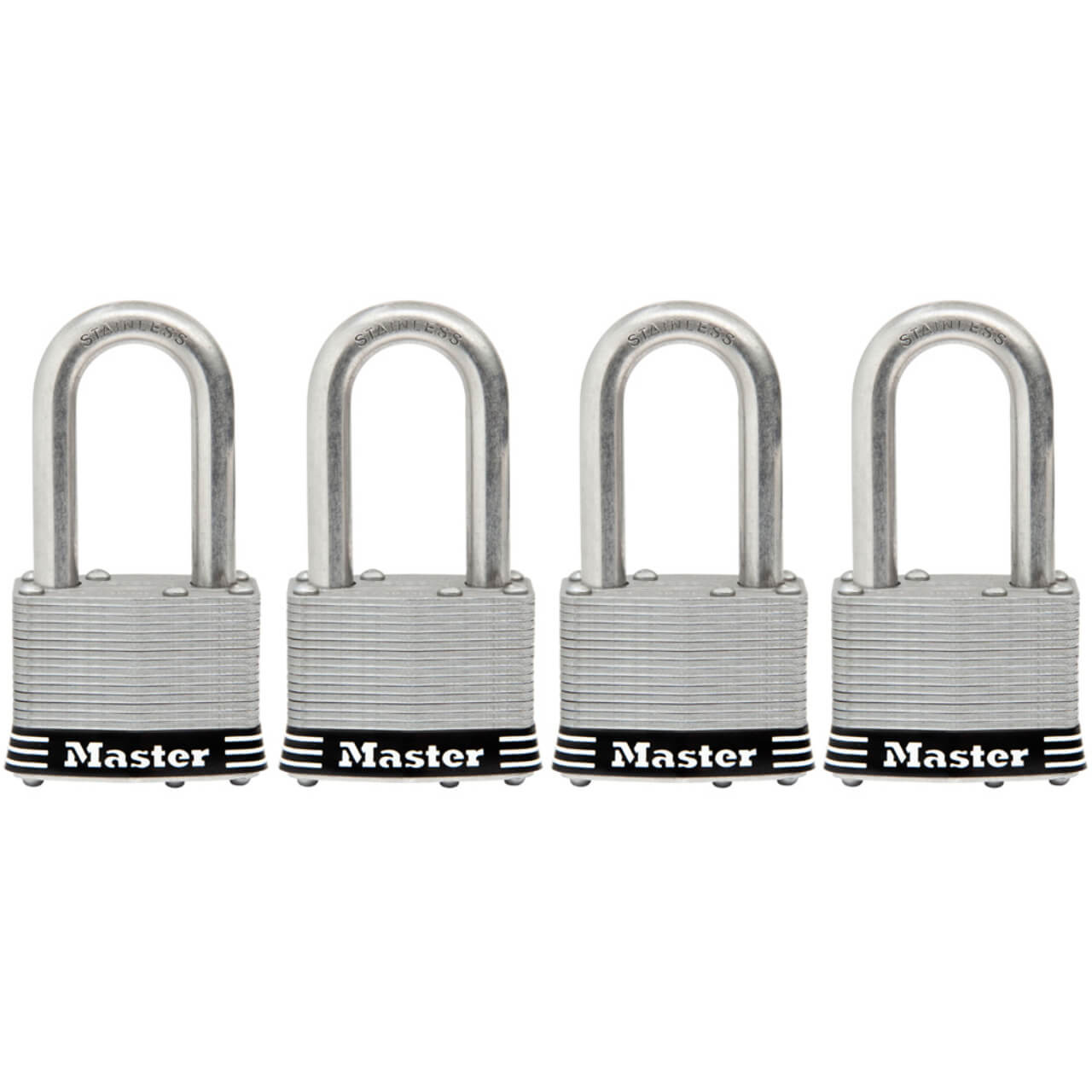 Master Lock S/Steel Laminated 44mm With 38mm Long Shackle 4pk