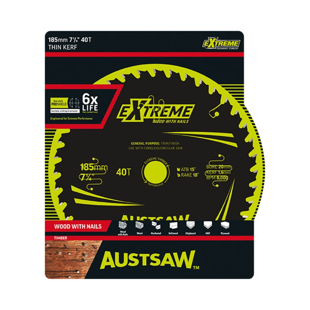 Austsaw Extreme: Wood with Nails Blade 185mm x 20/16 Bore x 40 T Thin Kerf