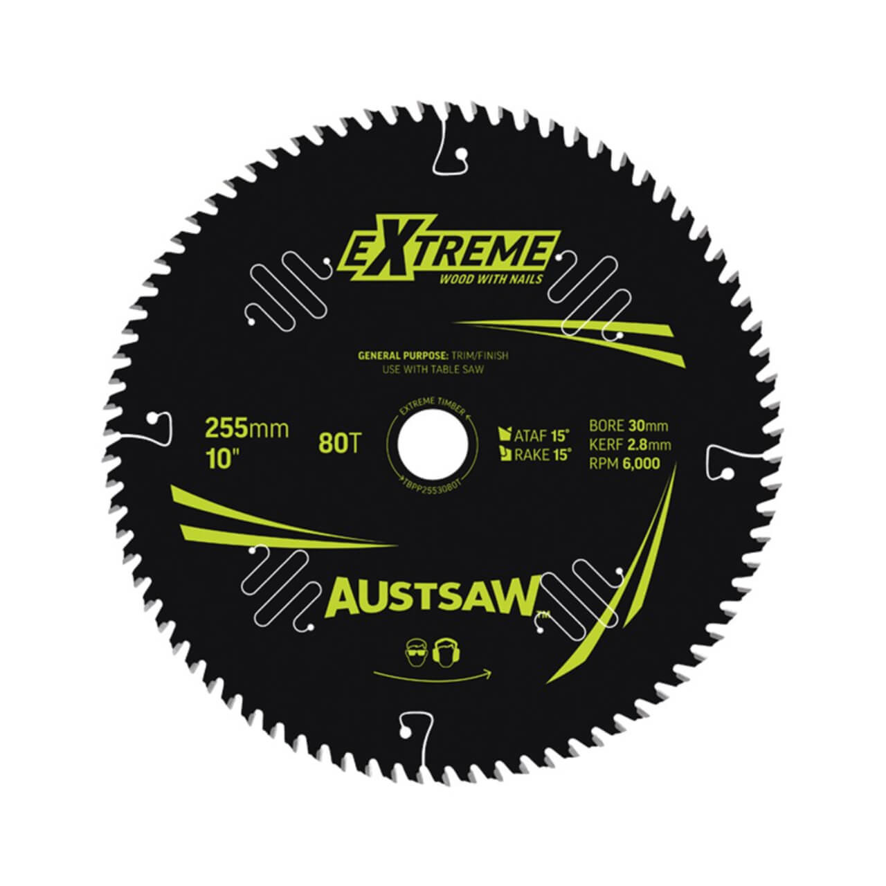 Austsaw Extreme: Wood with Nails Blade 255mm x 30 Bore x 80 T Table Saw