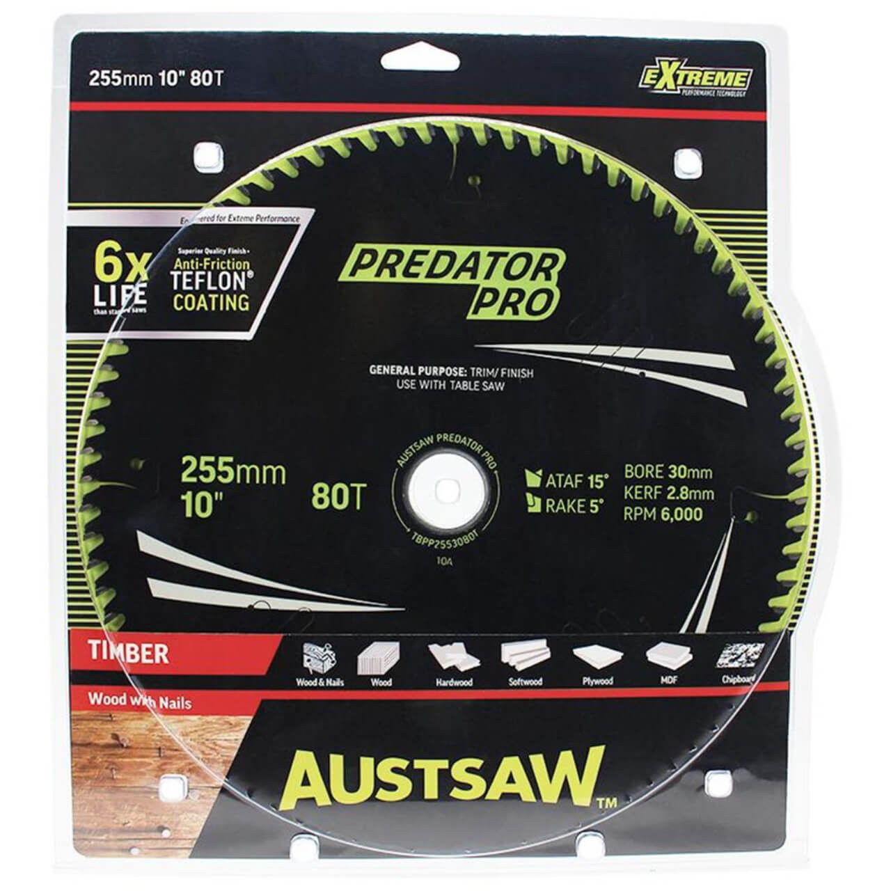 Austsaw Extreme: Wood with Nails Blade 255mm x 30 Bore x 80 T Table Saw
