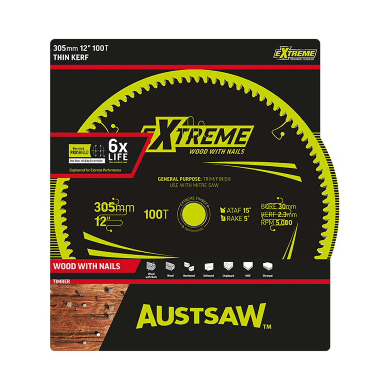 Austsaw Extreme: Wood with Nails Blade 305mm x 30 Bore x 100 T Thin Kerf