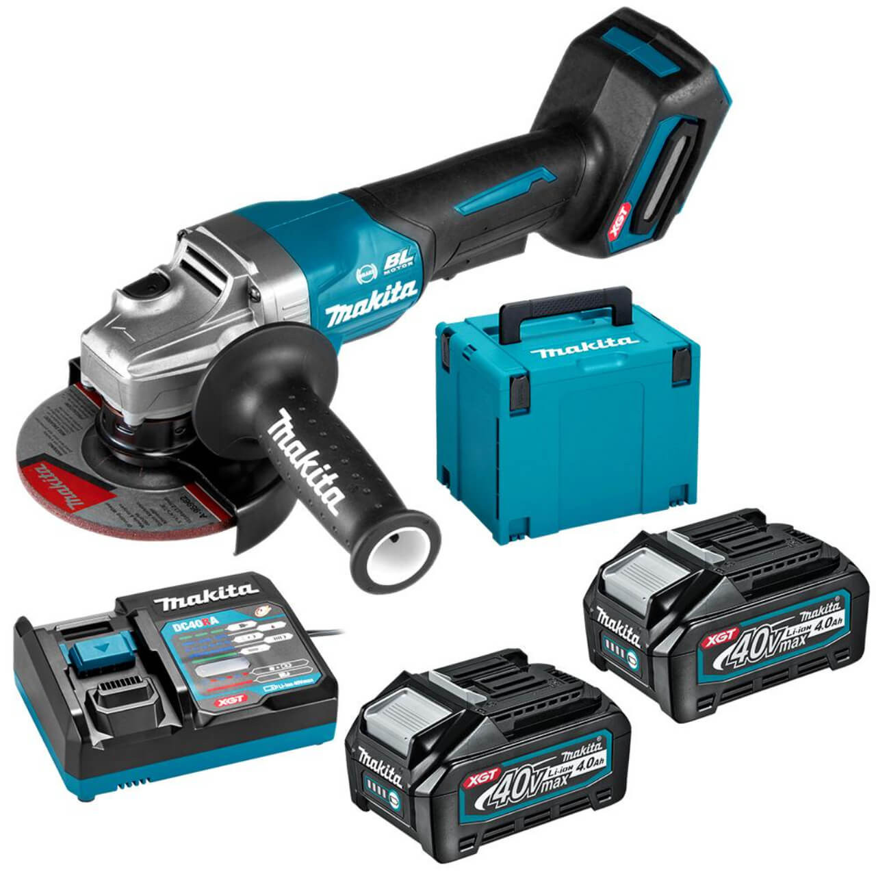 Makita 40V Max BRUSHLESS 125mm (5”) Angle Grinder. Paddle Switch - Includes 2 x 4.0Ah Batteries. Single Port Rapid Charger & Makpac Case Type 4BONUS: 18V LXT Battery Charging Adaptor (ADP10)
