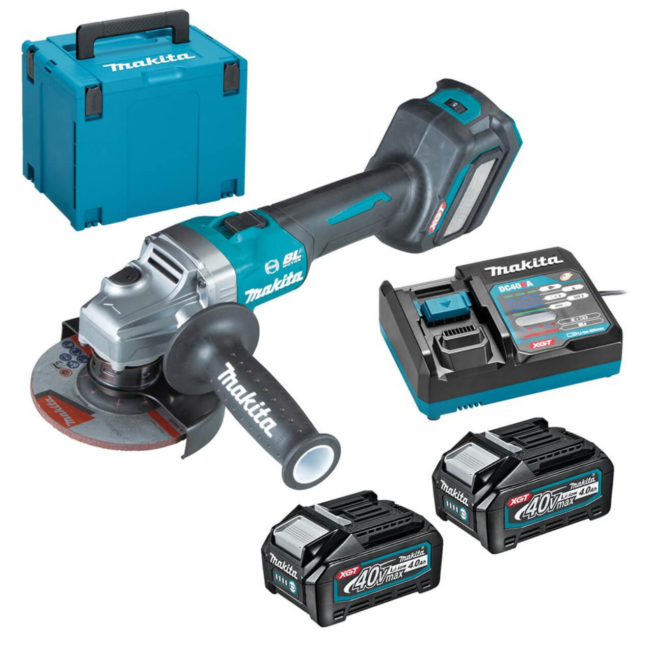 Makita 40V Max BRUSHLESS AWS* 125mm (5”) Angle Grinder. Slide Switch. Variable Speed - Includes 2 x 4.0Ah Batteries. Single Port Rapid Charger & Makpac Case Type 4