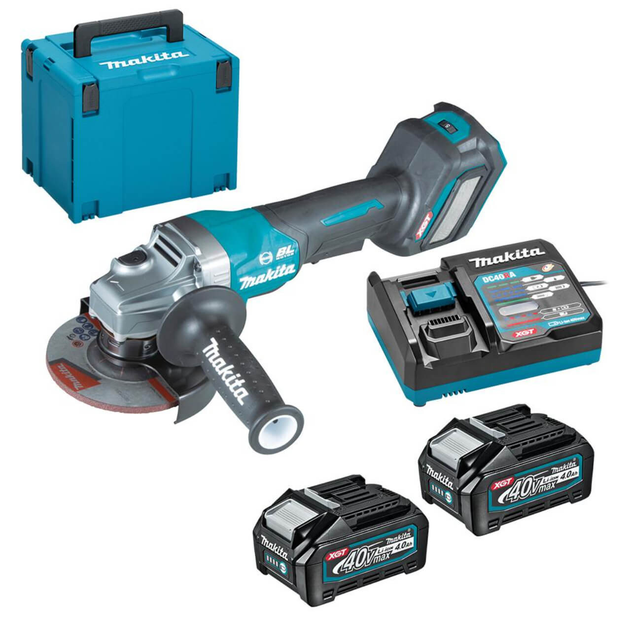 Makita 40V Max BRUSHLESS AWS* 125mm (5”) Angle Grinder. Paddle Switch. Variable Speed - Includes 2 x 4.0Ah Batteries. Single Port Rapid Charger & Makpac Case Type 4