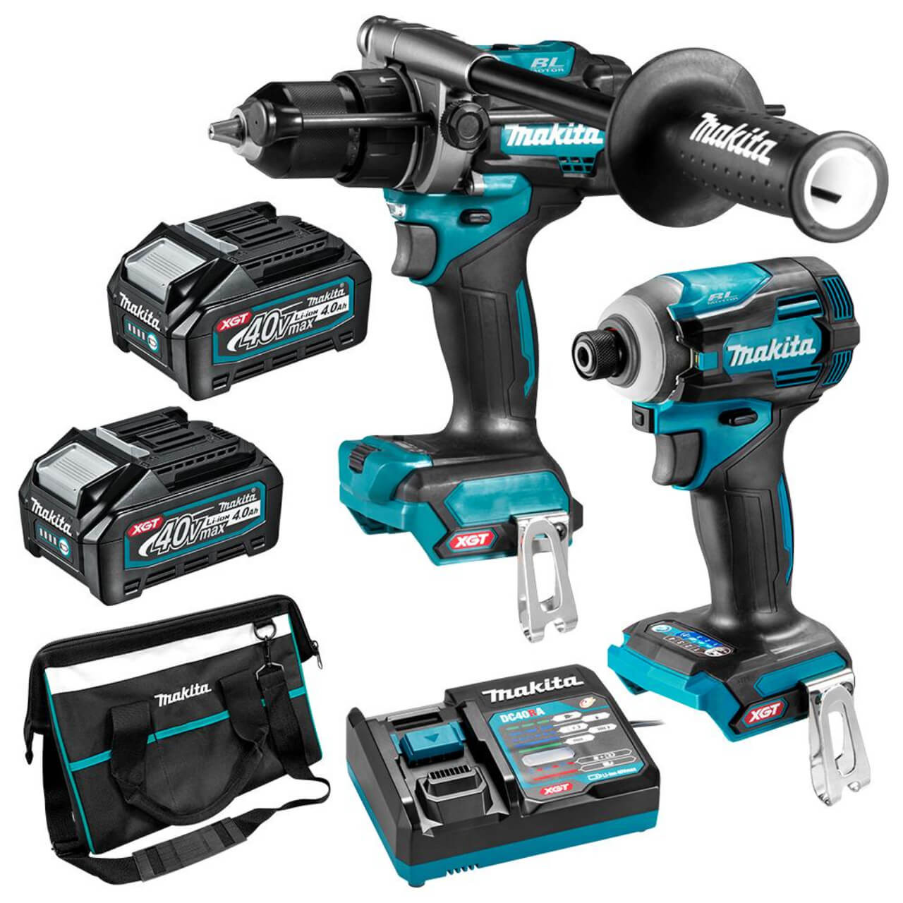 Makita 2 Piece BRUSHLESS Combo Kit - HP001GZ. TD001GZ. 2x BL4040. DC40RA & TOTE BAG (832319-7)