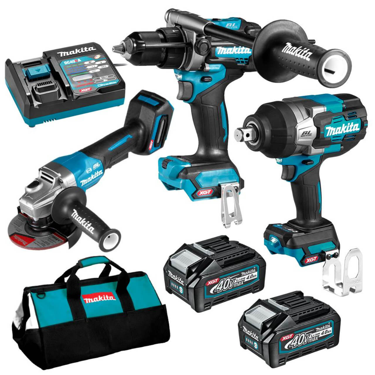 Makita 3 Piece BRUSHLESS Combo Kit - HP001GZ. TW001GZ. GA013GZ. 2x BL4040. DC40RA & TOTE BAG (199935-1)