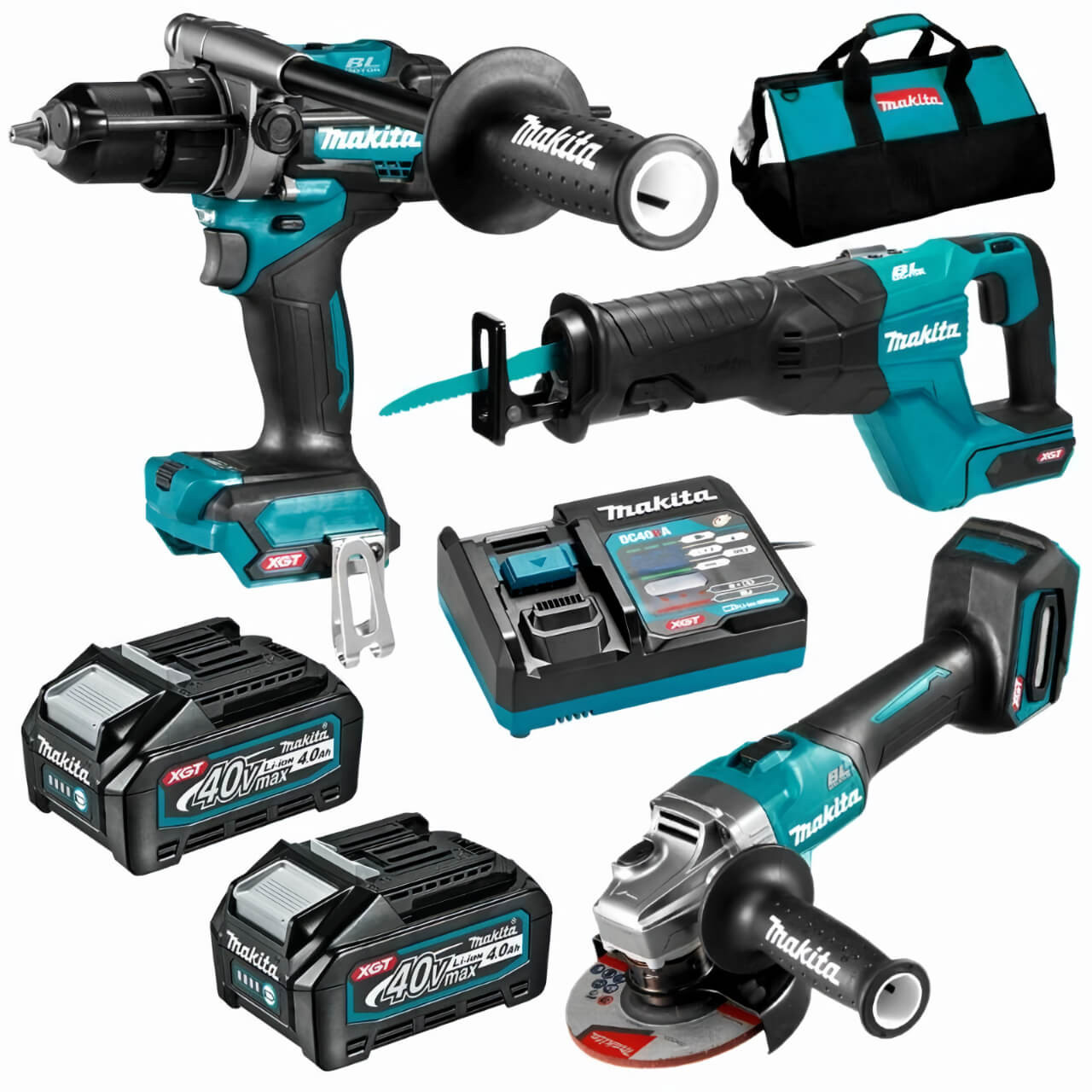 Makita 3 Piece BRUSHLESS Combo Kit - HP001GZ. JR001GZ. GA005GZ. 2x BL4040. DC40RA & TOTE BAG (199935-1)BONUS: 18V LXT Battery Charging Adaptor (ADP10)