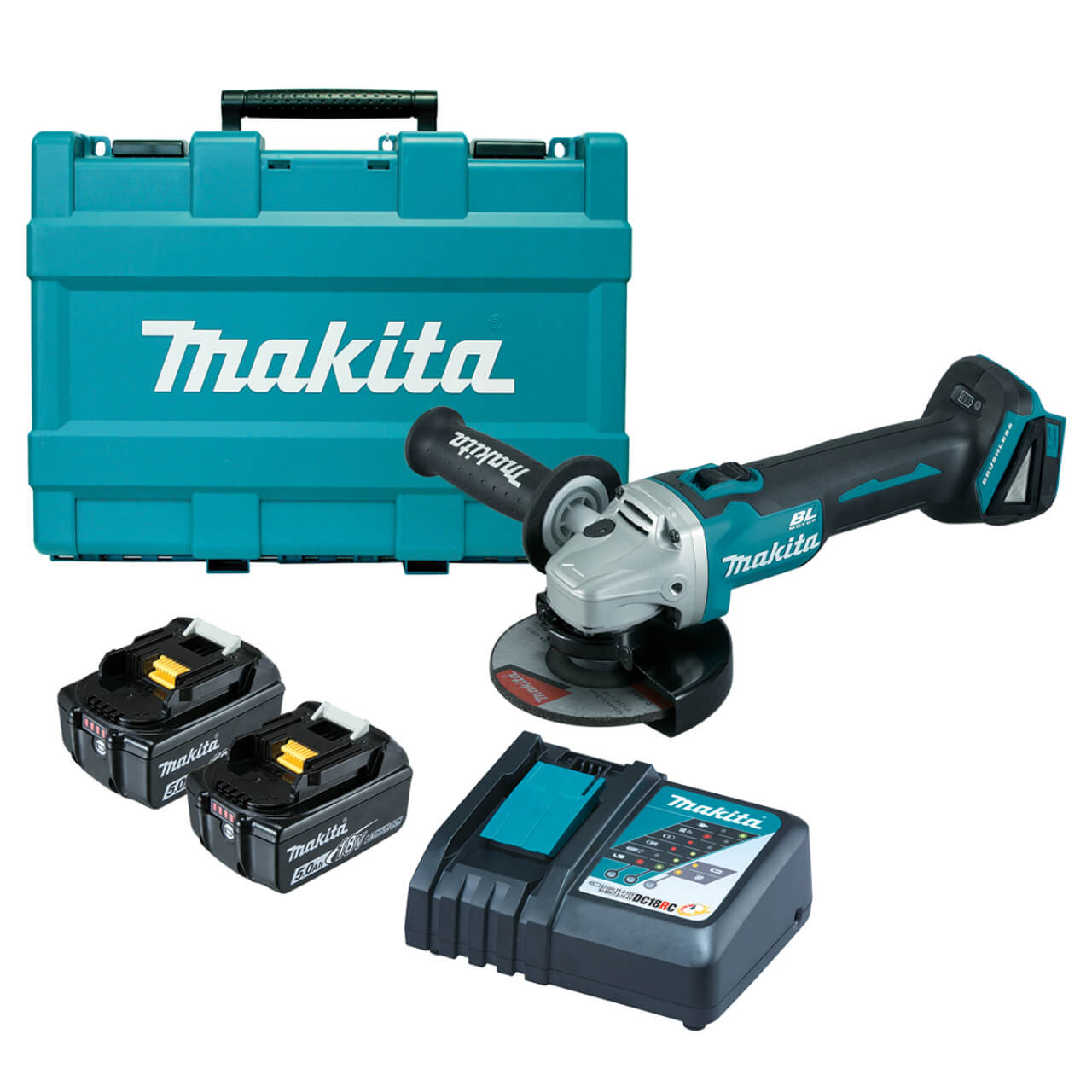 Makita 18V BRUSHLESS 125mm Slide Switch Angle Grinder Kit - Includes 2 x 5.0Ah Batteries. Rapid Charger & Carry Case