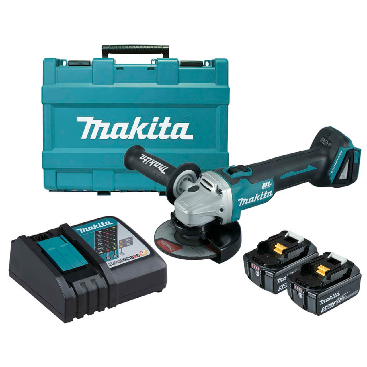 Makita 18V BRUSHLESS 125mm Slide Switch Brake Angle Grinder Kit - Includes 2 x 5.0Ah Batteries. Rapid Charger & Carry Case