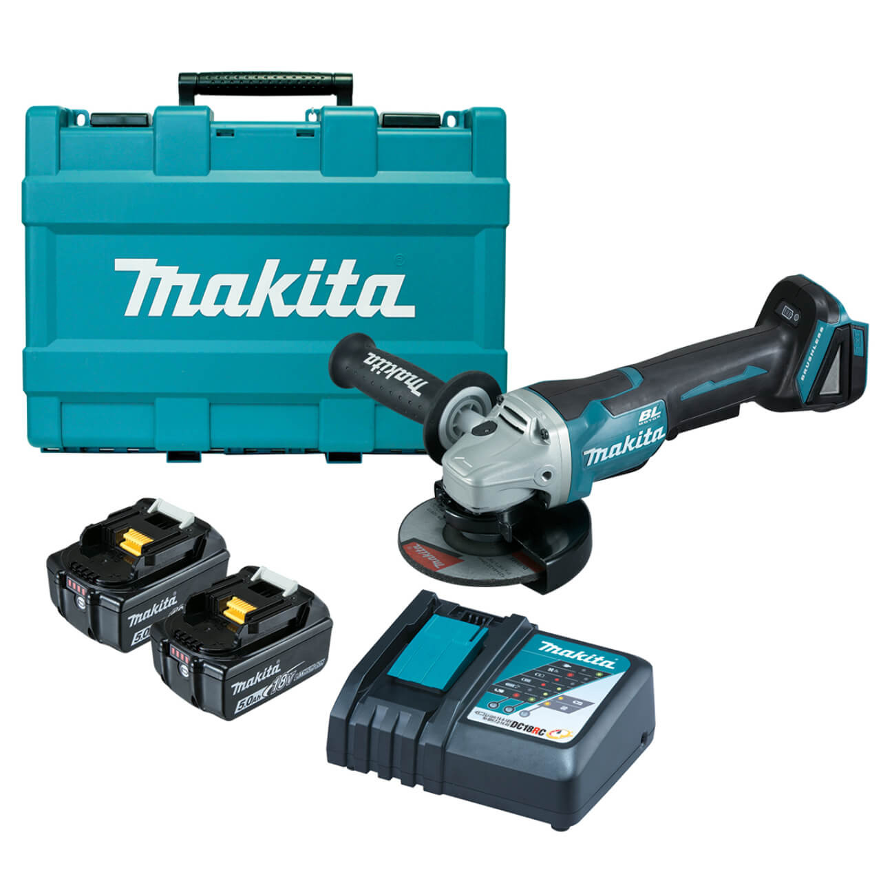 Makita 18V BRUSHLESS 125mm Paddle Switch Angle Grinder Kit - Includes 2 x 5.0Ah Batteries. Rapid Charger & Carry Case